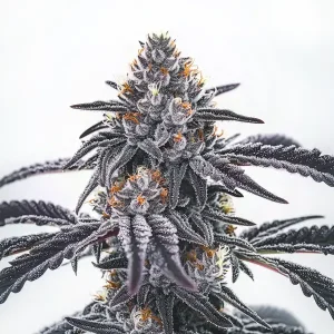 Cogollo de cannabis Frosty Blue OG con tonos azulados y púrpura y tricomas densos.