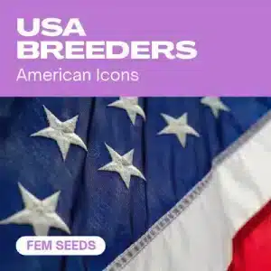 Breeders de USA con bandera estadounidense y texto USA Breeders American Icons para semillas feminizadas.