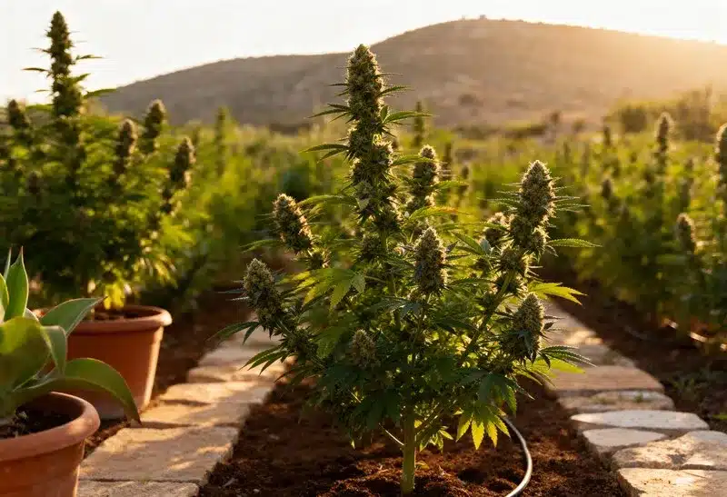 Planta Black Widow cultivada al aire libre bajo el sol. Variedad potente con alto THC, aroma dulce y resina abundante para cosechas de calidad.