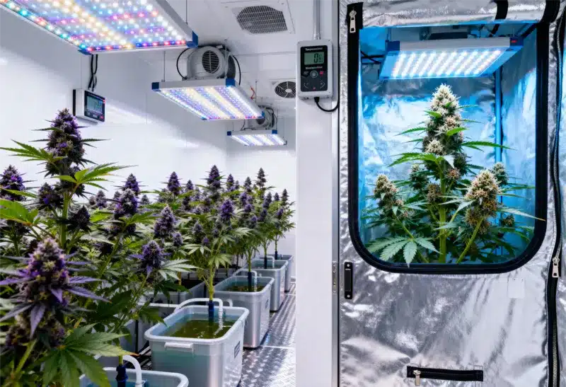 Blackberry Moonrocks: cultivo indoor con flores moradas intensas.