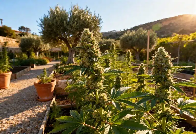 Cultivo de Cement Shoes al aire libre bajo el sol. Planta robusta, con alto THC y sabor cítrico-terroso ideal para cosechas abundantes.