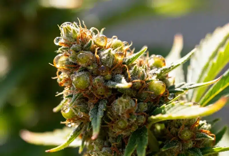 Cogollo de OG Kush Auto con resina brillante y aroma intenso.