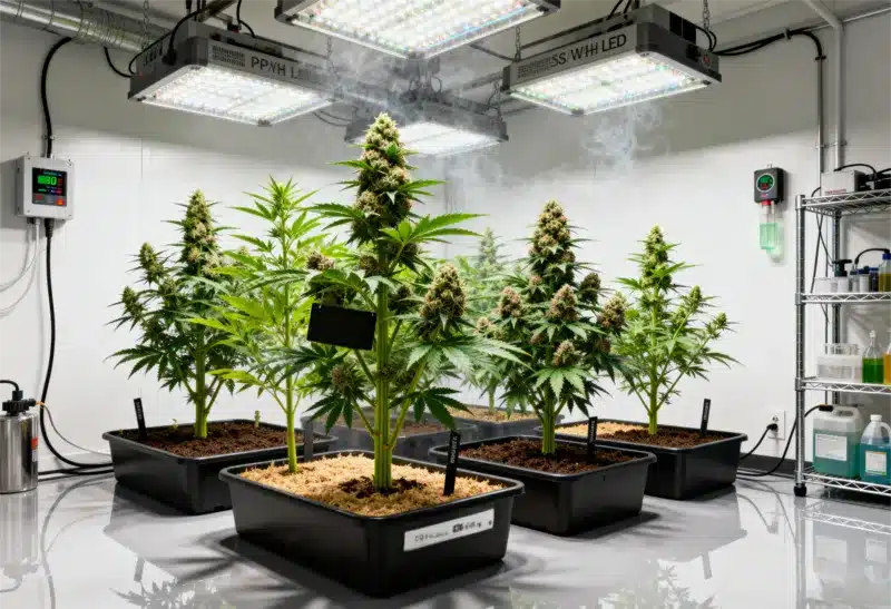 Plantas de Zombie Death Fuck desarrolladas bajo luz LED. Cogollos grandes, con tricomas abundantes y aroma afrutado con notas cítricas intensas.