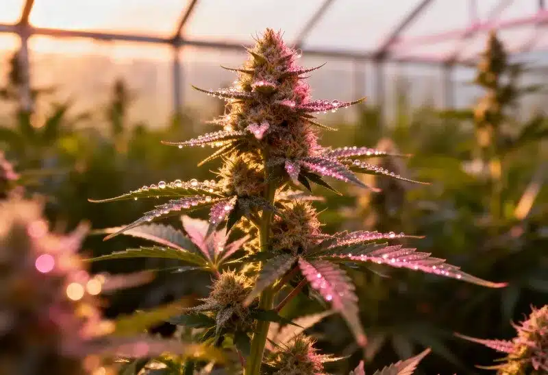 Planta de cannabis autofloreciente exterior con resina brillante en invernadero.