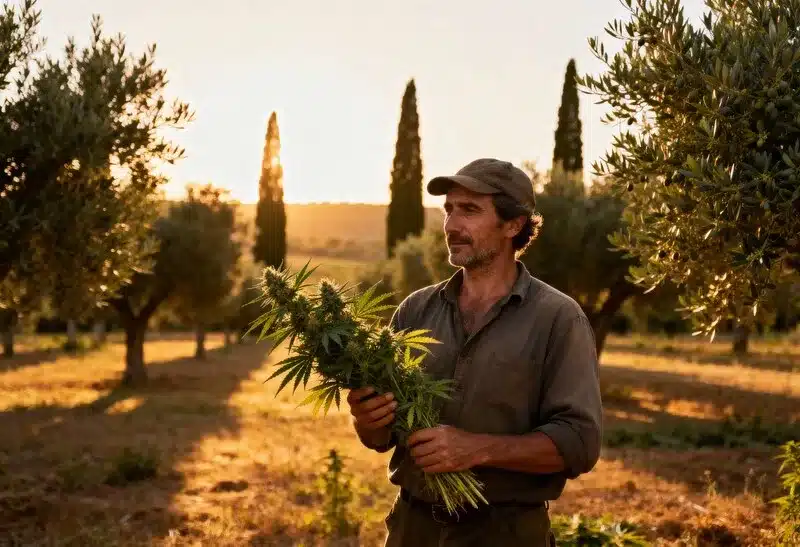 Agricultor recolectando plantas adaptadas al clima mediterráneo. Las mejores semillas de marihuana resistentes al calor y con gran producción.