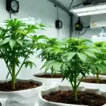 Cultivo interior joven de Super Lemon Haze con luz LED eficiente.