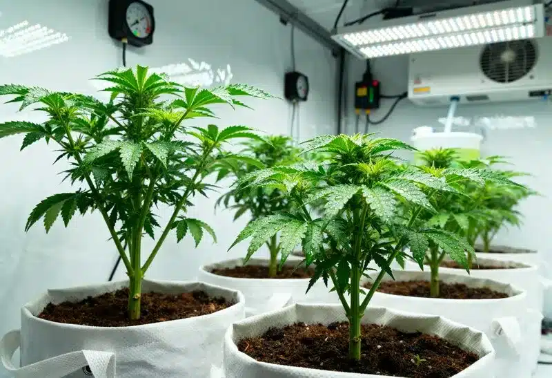 Cultivo interior joven de Super Lemon Haze con luz LED eficiente.