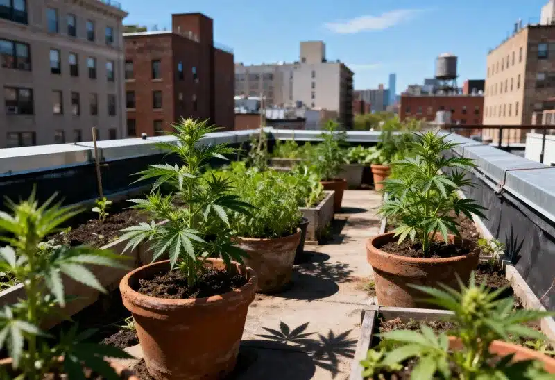 Cultivo urbano de marihuana en macetas al sol. Ideal para quienes buscan comprar semillas con sabores afrutados y cultivar en balcones o terrazas.