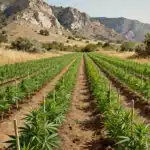 Campo de cultivo al aire libre con hileras de plantas de marihuana.