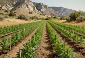 Campo de cultivo al aire libre con hileras de plantas de marihuana.