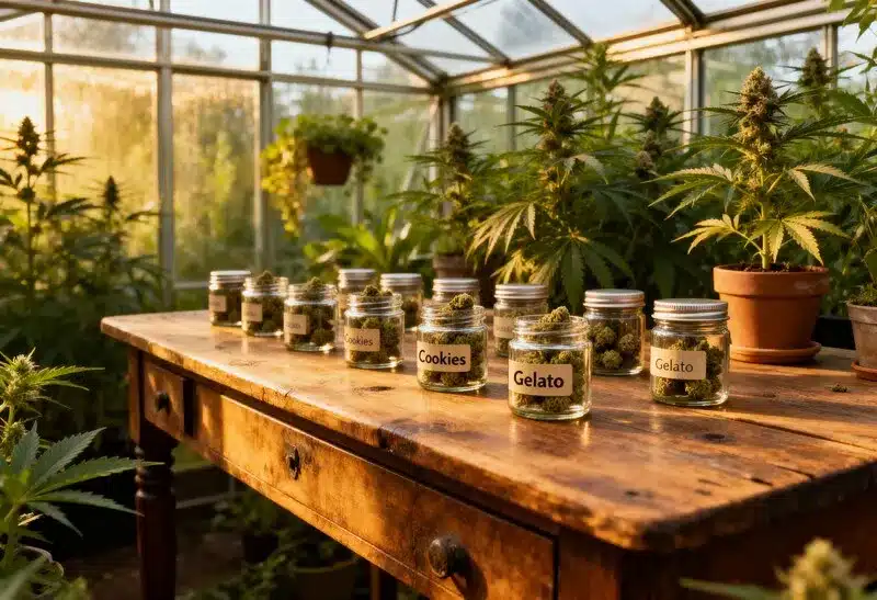 En este invernadero se muestran semillas con sabores dulces como Gelato y Cookies, ideales para quienes buscan aromas afrutados y cremosos.