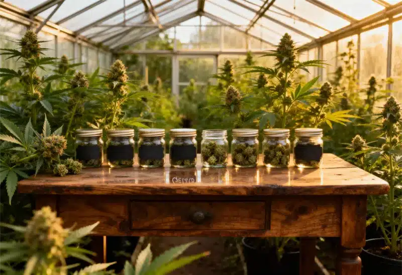 Frascos alineados sobre mesa de madera en invernadero de la variedad Fruity Pebbles, una variedad única por su perfil de terpenos frutales.