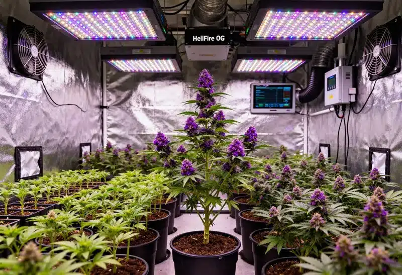HellFire OG: floración intensa bajo luz LED profesional