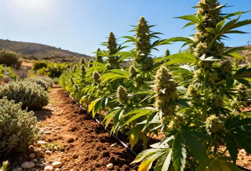 HellFire OG al aire libre. Variedad resistente, de floración rápida y producción densa, perfecta para climas soleados.