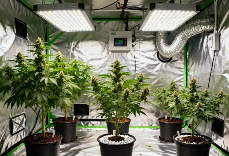 Cultivo interior de OG Kush Auto con control de humedad y luz. Planta compacta, resinosa y de rápida producción, ideal para espacios reducidos.