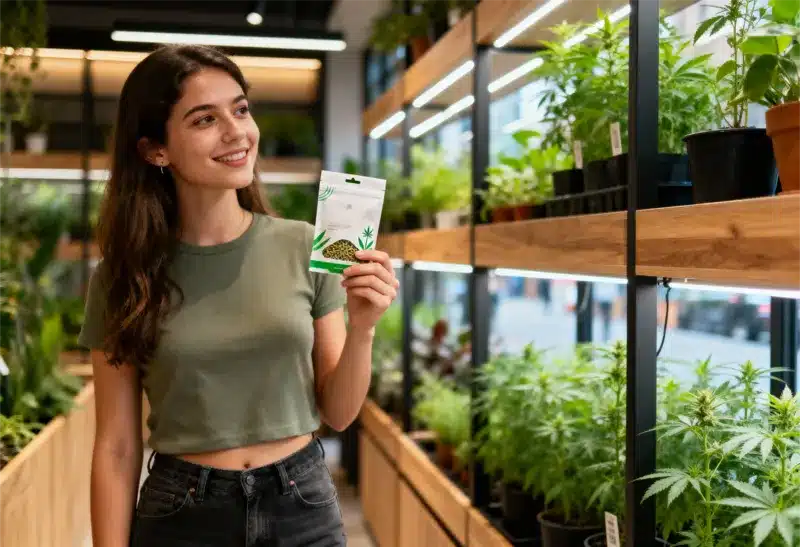 Una clienta satisfecha elige comprar semillas con aroma diésel intenso en una tienda moderna, rodeada de plantas sanas y genéticas seleccionadas.