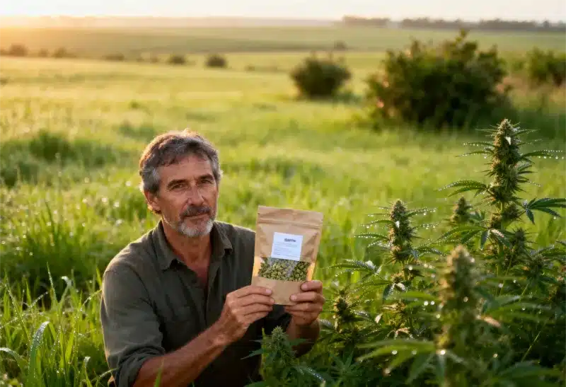 Agricultor mostrando una bolsa con semillas entre plantas listas para cosechar. Compra semillas de marihuana de cosecha temprana para exterior y cultiva calidad.