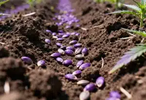 Semillas de marihuana moradas con colores intensos.