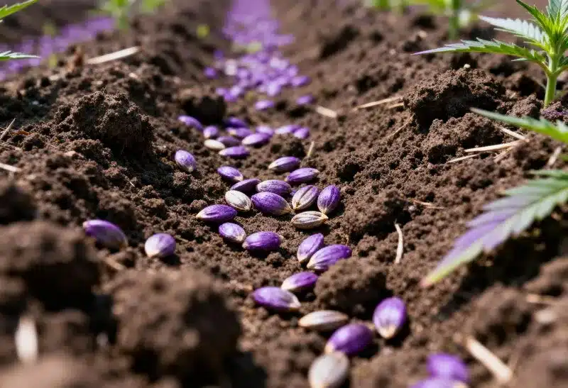 Semillas de marihuana moradas con colores intensos.