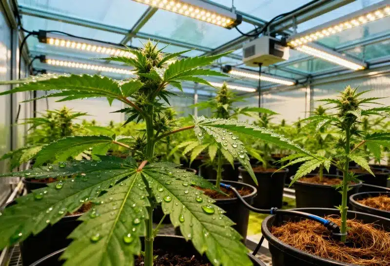 Plantas de marihuana bajo luz LED con hojas cubiertas de agua, para quienes desean comprar semillas feminizadas de alto rendimiento en interior.
