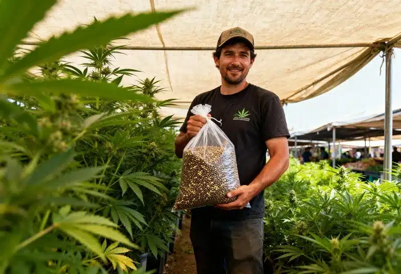Cultivador muestra semillas resistentes al moho, seleccionadas para soportar alta humedad y ofrecer cosechas abundantes en entornos tropicales.