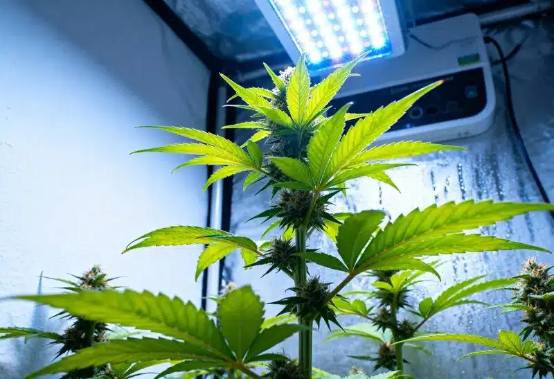 Planta de Super Lemon Haze mostrando tricomas resinosos bajo luz LED. Sabor cítrico, efecto energético y cosecha de alta calidad.