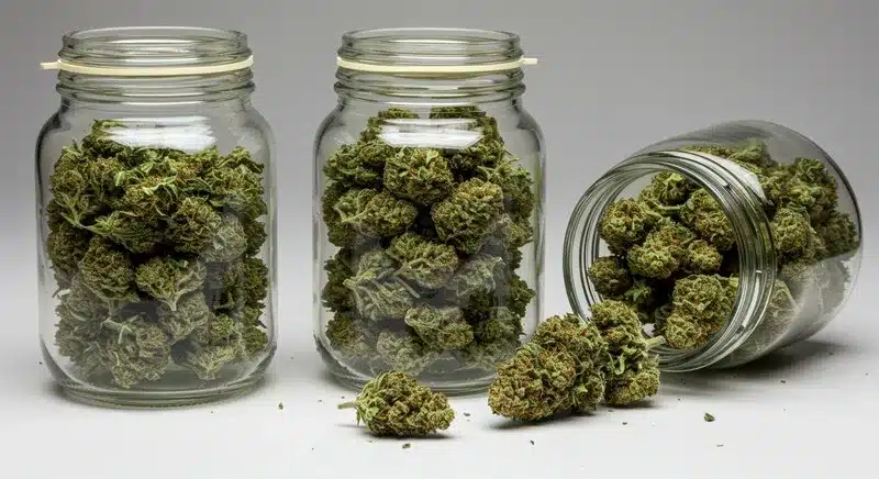 Cogollos secos de Koji almacenados en frascos de vidrio para mantener sus terpenos y potencia. Proceso esencial para una calidad premium.