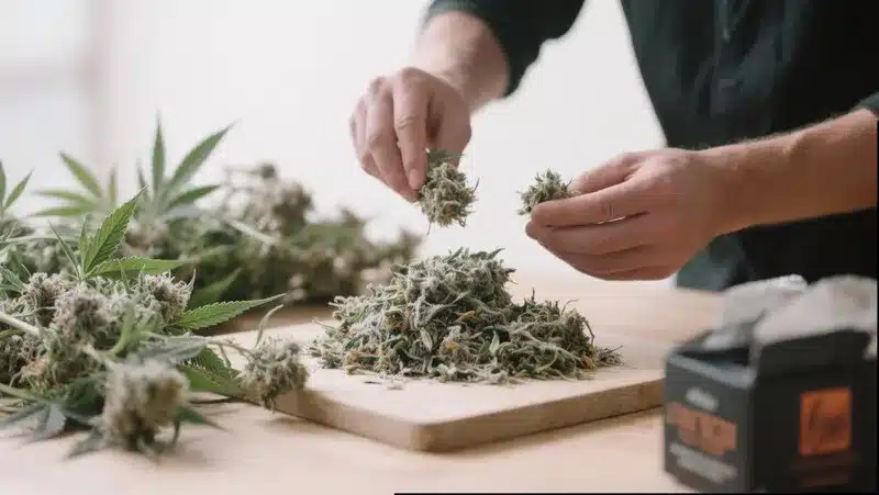 Manos seleccionando cogollos secos de cannabis cultivado con semillas resistentes a la sequía. Esta genética ofrece cosechas abundantes y flores aromáticas adaptadas a condiciones de baja humedad.