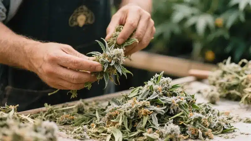 Cogollos densos y pegajosos de las mejores autoflorecientes compactas tipo Kush. Alta producción de resina y aroma intenso clásico Kush.