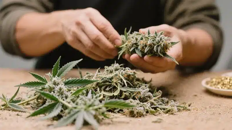 Cogollos de Kali Mist siendo curados y almacenados en frascos para conservar su aroma especiado y efecto energético. Ideal para amantes de las sativas puras.