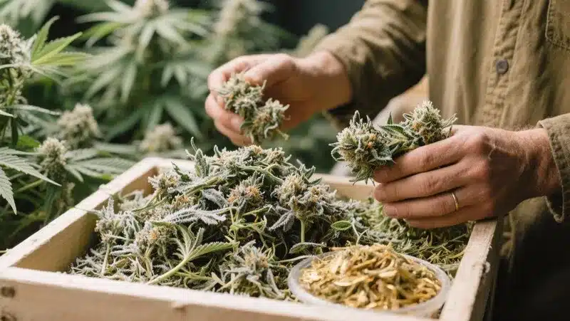 Manos recolectando flores de Jack Herer x Skunk recién cosechadas, ricas en tricomas. Esta etapa muestra la calidad y densidad de los cogollos, ideales para un secado controlado y resultados premium.