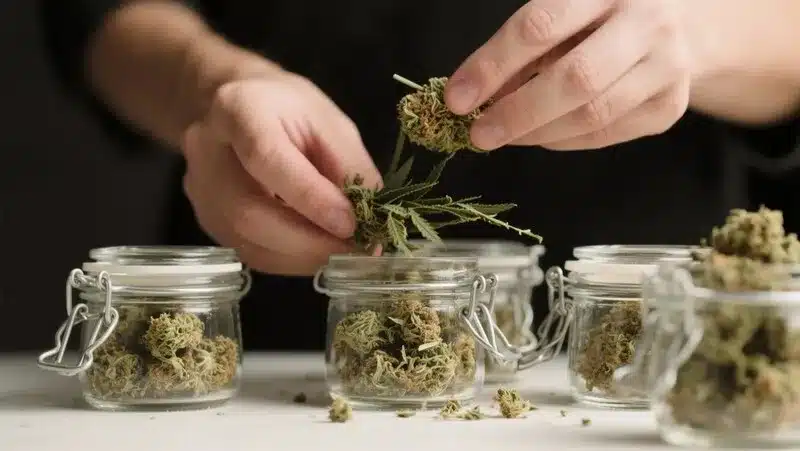 Manicurado y curado de flores Kush Mints Regular en frascos herméticos, preservando terpenos y potencia para una experiencia premium.