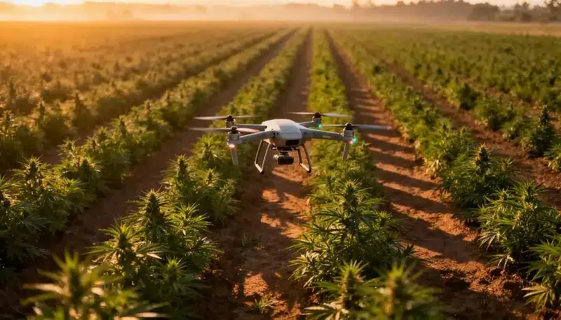 Drone sobrevolando un cultivo exterior para capturar datos de crecimiento, riego y salud vegetal, mostrando cómo la inteligencia artificial en el cultivo de cannabis optimiza la gestión agrícola.
