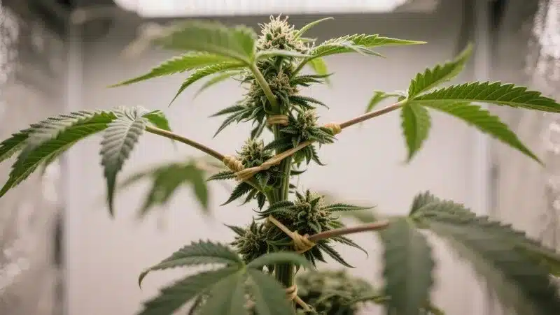 Planta de cannabis entrenada con método LST para mejorar el flujo de luz y aire. Cultivada con semillas orgánicas o aptas para cultivo ecológico y producción limpia de alta calidad.