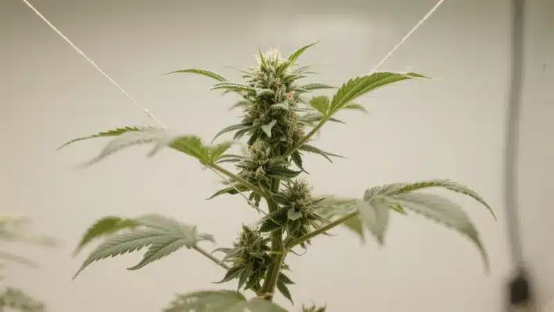 Planta de cannabis entrenada con técnica LST para maximizar luz y rendimiento. Las semillas con bajo consumo de agua muestran un crecimiento fuerte y eficiente, ideal para cultivos sostenibles y zonas áridas.
