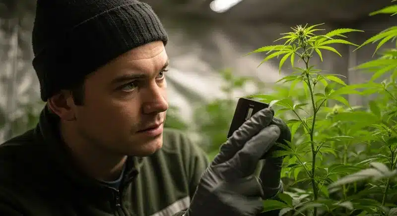Técnico analizando una planta en crecimiento dentro de un cultivo interior, mostrando el proceso de control y selección necesario para obtener variedades estabilizadas en el cannabis.