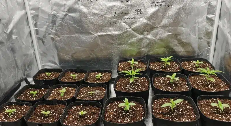 Plántulas de Master Kush Regular en fase inicial, cultivadas en interior con sustrato aireado para un desarrollo fuerte y equilibrado.