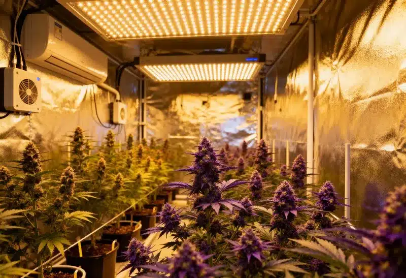 Grandaddy Purple Regular ofrece floraciones densas y color púrpura bajo luces LED. Su aroma afrutado y relajante encanta a cultivadores expertos.