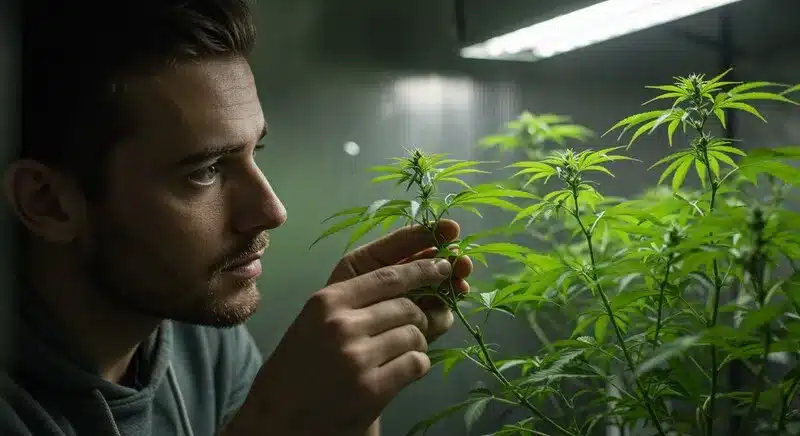 Técnico revisando una planta joven en un cultivo interior, mostrando el control visual y sanitario necesario para mantener genéticas libres de enfermedades y optimizar su desarrollo.