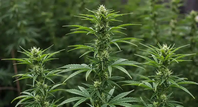 Plantas de Jack Herer x Skunk en cultivo exterior mostrando su crecimiento alto y ramas cargadas de flores. Esta genética destaca por su resistencia, productividad y perfil aromático intenso, ideal para climas templados.