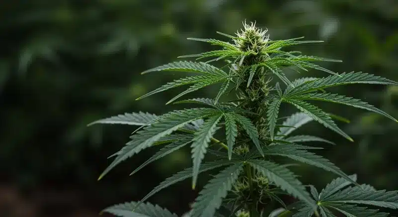 Jack Herer x Skunk en floración con cogollos resinosos y pistilos blancos.