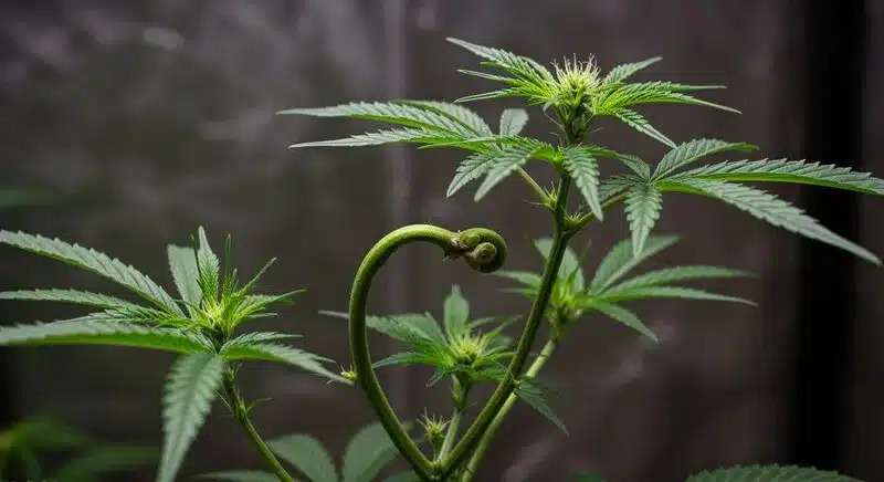 Planta joven de Jilly Bean Regular en fase de crecimiento vegetativo, mostrando un tallo robusto y hojas verdes brillantes. Esta etapa refleja su genética estable y su preparación para una floración productiva.