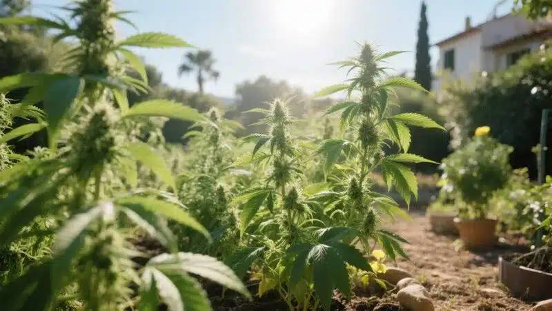 Lemonaid OG crece fuerte al sol, con hojas verdes y estructura robusta. Genética cítrica de gran rendimiento y aroma fresco.