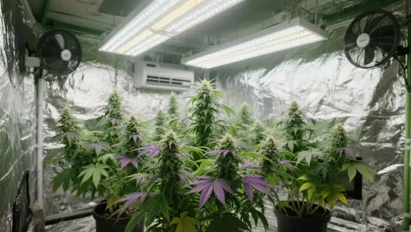 Lyly Sour x Blue OG brilla en cultivo indoor con luces LED, mostrando flores compactas y aromáticas. Alta producción y potencia.