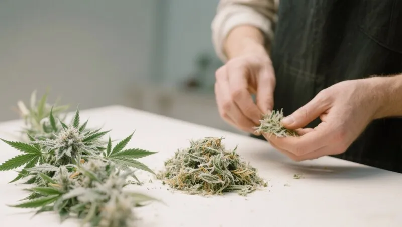 Proceso de manicura de flores ricas en tricomas, ideales para obtener resina pura. Conoce las mejores variedades para hacer hachís o extracciones de resina de alta calidad.