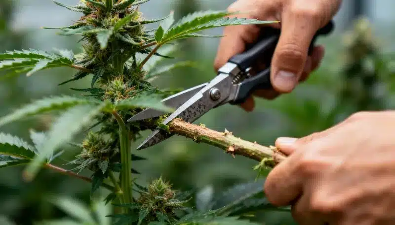 Corte de una rama gruesa en una planta Nikki & Swami’s Maracuya, mostrando el manejo avanzado que mejora estructura, aireación y calidad de los cogollos.