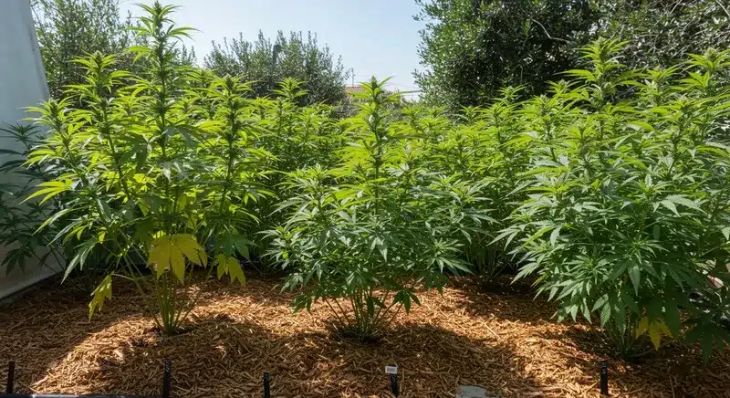 Plantas de Northern Critical desarrollándose en exterior sobre suelo acolchado, hojas verdes sanas, crecimiento uniforme y un entorno ideal para maximizar el rendimiento.
