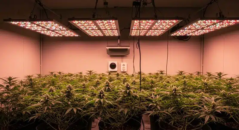 Cultivo indoor de Northern Lights Kush Fast Version bajo paneles LED de espectro completo, plantas uniformes en floración y un entorno controlado para acelerar la producción.