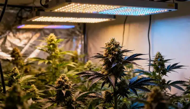 Plantas Northern Lights en plena floración dentro de un cultivo indoor, iluminadas con paneles LED cálidos y fríos que favorecen cogollos densos, resinosos y de desarrollo uniforme.