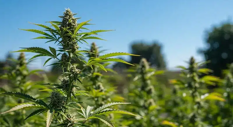 Planta de Northern Lights x Blueberry Auto desarrollándose en exterior con luz natural, una estructura alta, cogollo central y hojas verdes saludables en plena floración.